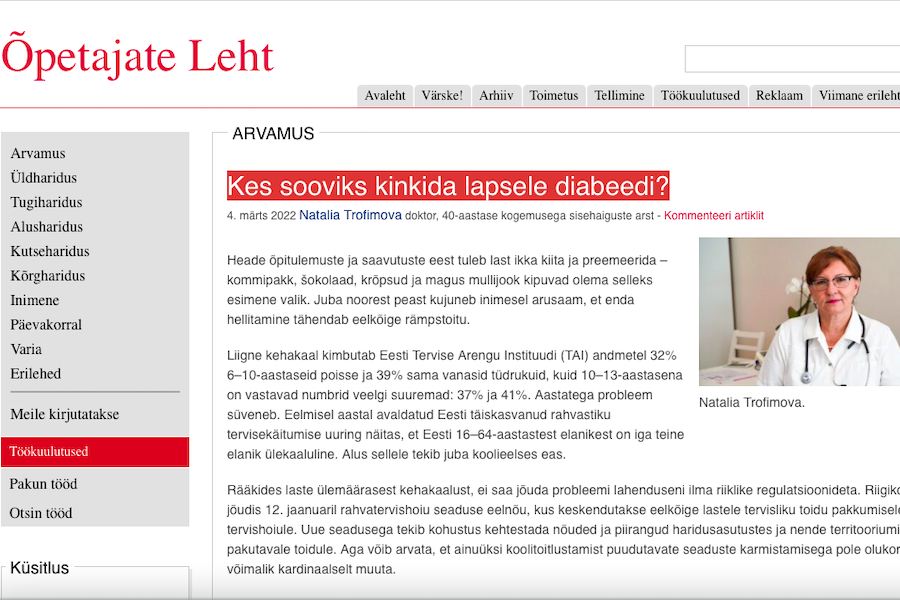 Kes sooviks kinkida lapsele diabeedi? Dr. Natalia Trofimova artikkel Õpetajate Lehes